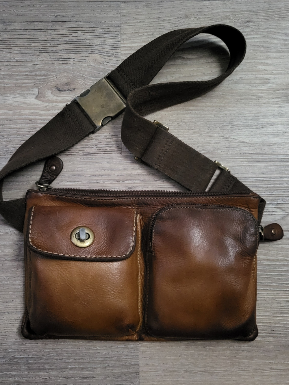 Roots Two-Pocket Brown Leather Belt Bag with Dark Strap